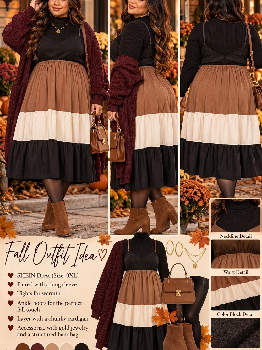 SHEIN Brown, White & Black Tiered Midi Skirt
